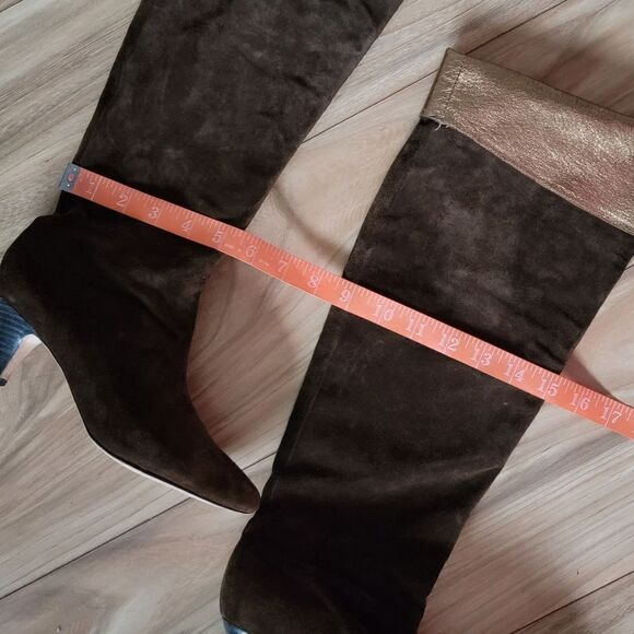 Cynthia Vincent Metallic Suede Leather Over the Knee Boots in Brown & Gold - Picture 13 of 15